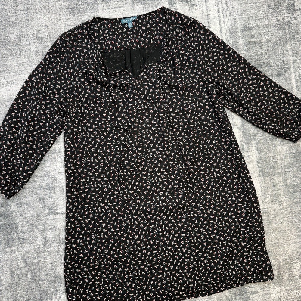 Womenes Size 10 Shift Dress Black Ditsy Floral Cottagecore Boho‎ Tie Fleur Bleue